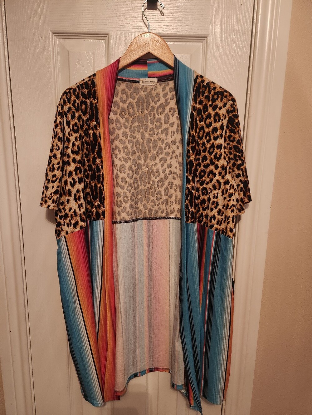 Southern Stitch Cardigan Size M/L Leopard and Rainbow Color Stripes Open Front